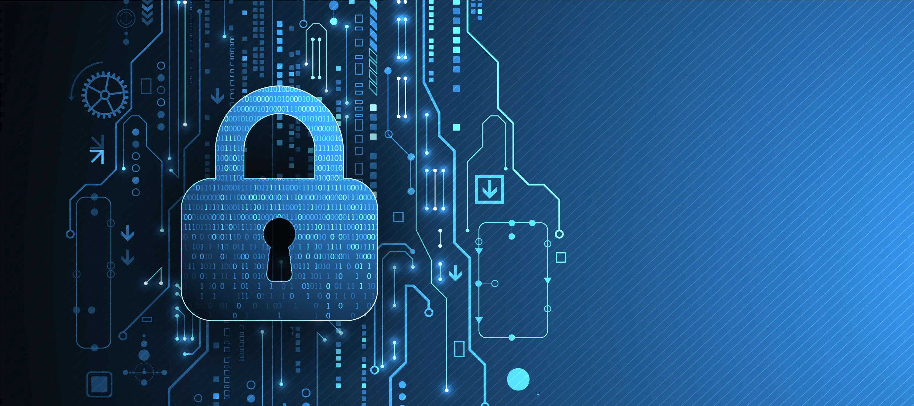 Image of a lock surrounded by circuits.